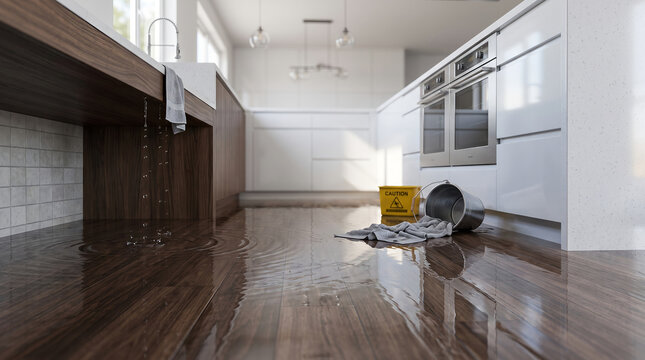 Flooded kitchen floor, with water leaking from wooden island counter, dripping and pooling on laminate wood, domestic residential setting, home damage photography