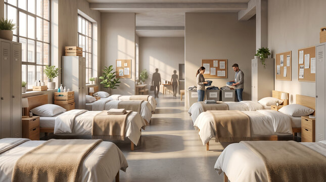 "Institutional community shelter dormitory facility, showing rows of neat single beds with blankets and steel lockers, volunteers folding linens in background, spacious bright room interior, social we