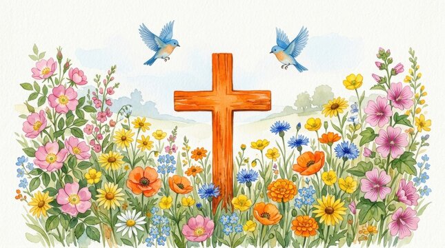 Easter-themed watercolor Christian cross clipart border and banner for design projects on with Easter theme