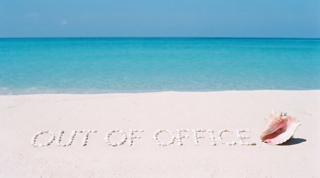 Out of office text spelled with white seashells, large pink conch shell on pristine sand, arranged neatly on a calm shoreline, tropical beach background, travel and conceptual photography