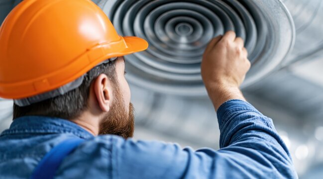 worker in hard hat inspecting industrial ventilation system