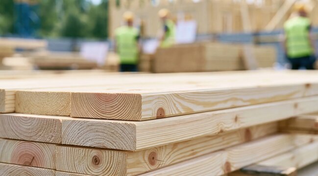 stack of wooden planks on construction site with workers in background
