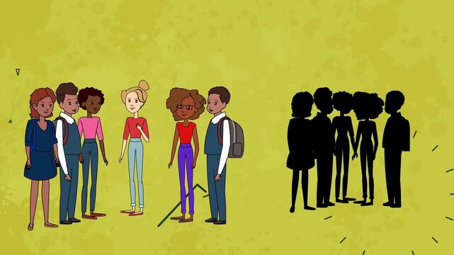 Diverse Group of Friends Conversing next to a Silhouette Crowds Shadow, Social Inclusion or Exclusion Concept, 2D Animation