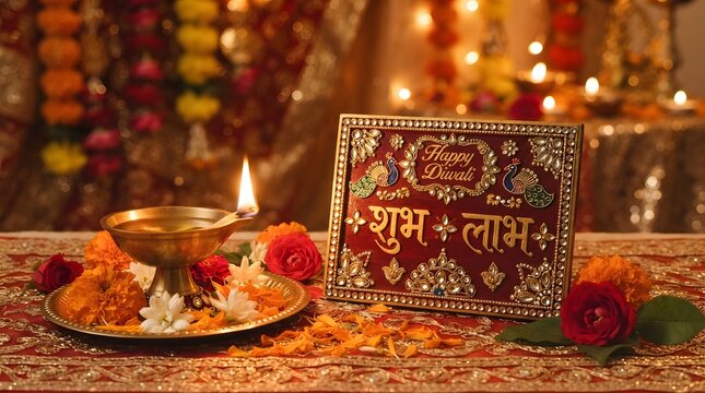 Traditional diya lamp next to shubh labh greeting frame for diwali with festival greeting tradition