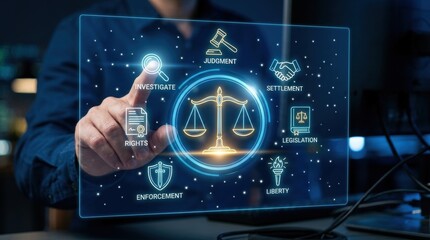 Fototapeta premium Futuristic Legal Technology Concept with Holographic Law Symbols on Digital Interface Environment justice