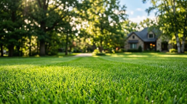 Freshly Trimmed Grass in a Home Lawn on Sunny Day Newly mowed residential yard