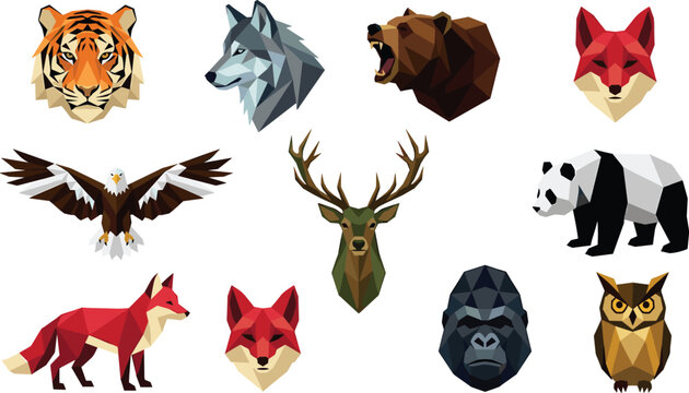 Colorful Low Poly Wildlife Animal Collection Featuring Tiger Wolf Bear Fox Eagle Deer Panda Gorilla and Owl Geometric Vector Illustration Set