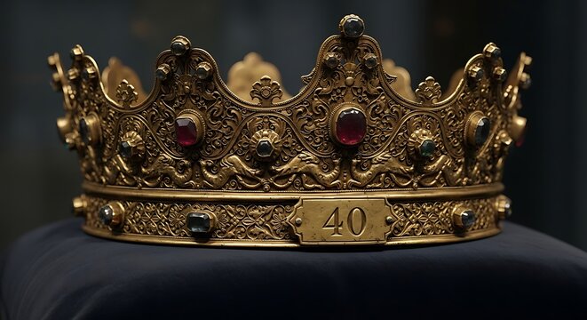Ornate Golden Crown Resting on Dark Velvet Display in Museum Setting