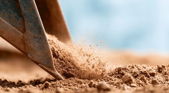 Excavator bucket scooping brown soil with flying dust