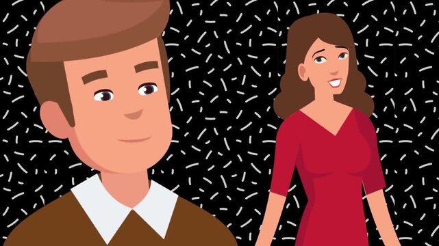 Split Screen View of Smiling Young Man and Woman in Red Top, Dating Profile or Couple Communication Concept, 2D Animation Loop