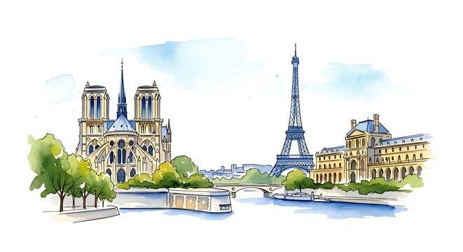 Watercolor Paris Landmarks Arranged Along Seine River Cityscape