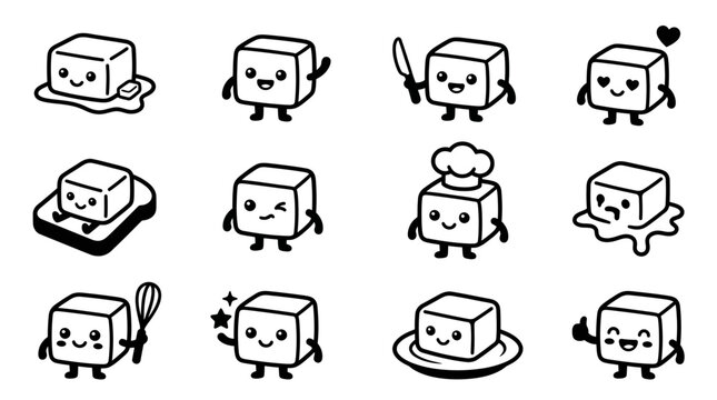Cute butter cube character icons in black and white.
