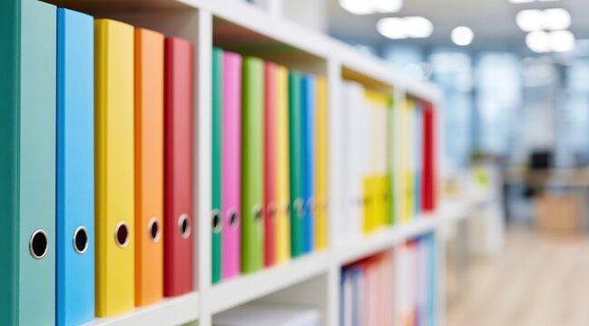 Row of colorful ring binders on white shelf in office