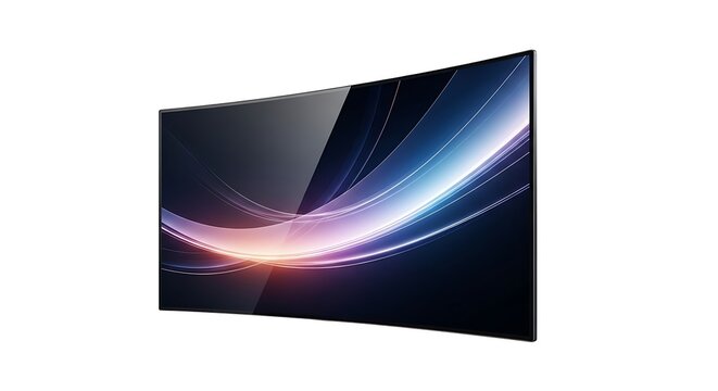 Sleek Modern Curved Display Showing Abstract Light Streaks on White Background