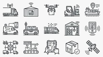Fototapeta premium Professional Black and White Line Icons Set Featuring Logistics Transportation IoT and Smart Technology Concepts