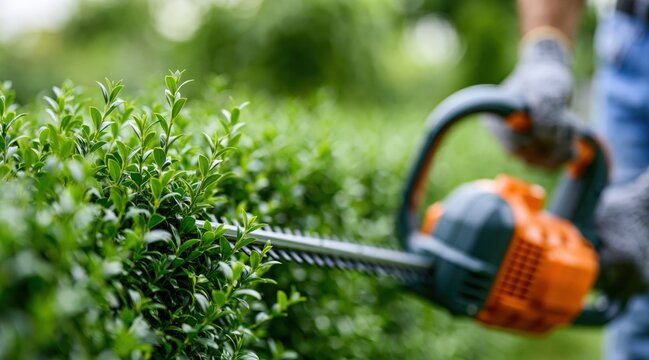 Person pruning green bush with hedge trimmer