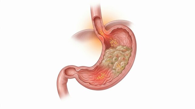 Human stomach cross section showing food digestion process