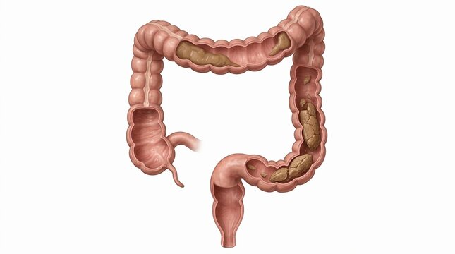 Anatomical diagram of human colon with stool buildup