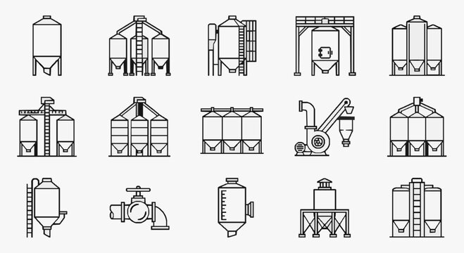 Sleek Black and White Line Icons Set of Industrial Silos Grain Storage Bins and Processing Equipment for Agricultural Use