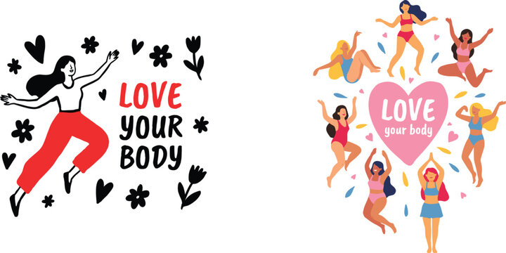 Love your body positivity illustration with jumping woman and diverse women dancing in circle around heart typography design