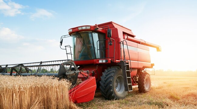 red combine harvester harvesting wheat in golden field at sunset