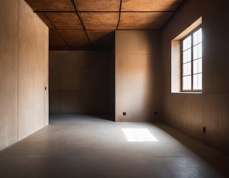 Minimalist abstract architecture and empty space: empty wabi-sabi style room with textured earthy walls
