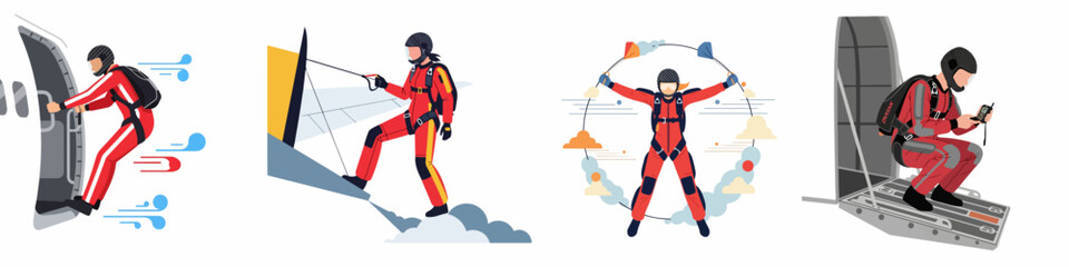 Vector illustration set of skydivers in red jumpsuits jumping from an airplane and freefalling in the sky, extreme sports concept. © Abu