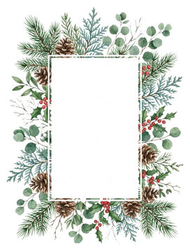 Watercolor Frosted Winter Greens and Pinecone Greeting Card Template