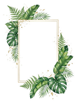 Tropical Monstera and Palm Leaves Watercolor Frame with Gold Glitter