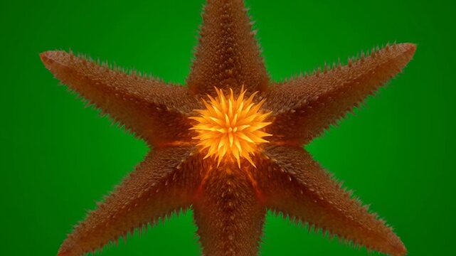 Glowing orange six armed starfish pulsing on a vibrant green background.