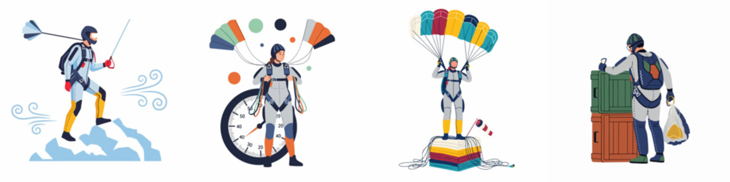Set of vector illustrations depicting professional skydivers in various stages of activity, including jumping from mountains, landing, and preparing gear.