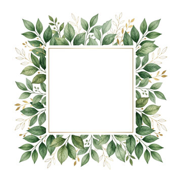 Watercolor Green Leaves Square Frame with Gold Accents