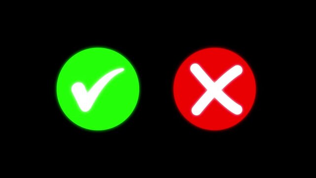 Animated pop-up green check mark and red cross X symbol on a transparent background. A checkmark in and out motion graphics animation. Video footage of yes or no, true or false with alpha channel .4k