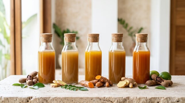 Premium glass bottles of Indonesian jamu with fresh herbal ingredients, perfect for organic beverage branding, wellness marketing, and retail packaging.