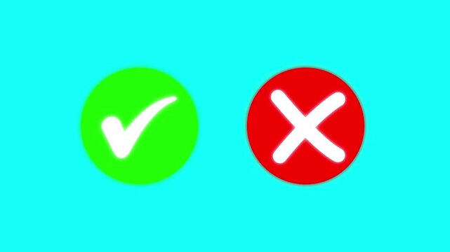 Animated pop-up green check mark and red cross X symbol on a transparent background. A checkmark in and out motion graphics animation. Video footage of yes or no, true or false with alpha channel .4k