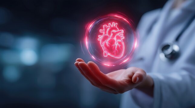 Doctor holding glowing holographic human anatomical heart. Medical illustration, heart diseases, heart health