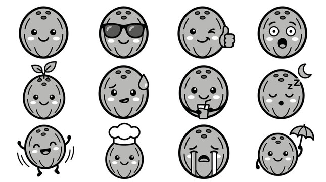 Kawaii coconut character icons set with various expressions.