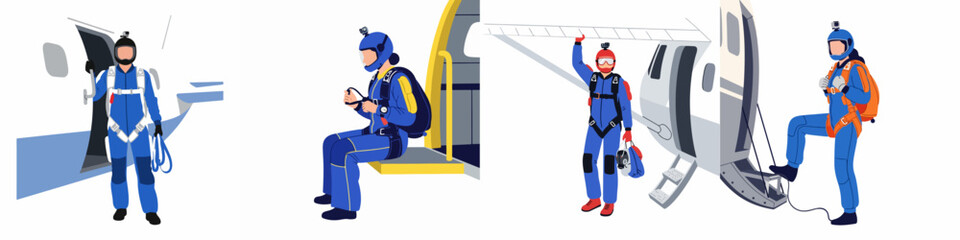 Flat vector illustration set showing male and female skydivers in blue jumpsuits preparing for jumps from airplanes for extreme sports concepts. © Abu