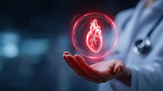 Doctor holding glowing holographic human anatomical heart. Medical illustration, heart diseases, heart health