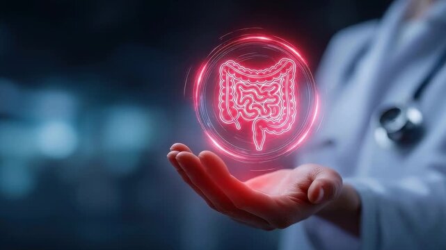 Doctor holding glowing holographic intestines, digestive system disease. Medical illustration, bowel diseases, gut health