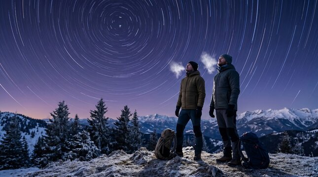 Two Hikers Looking at Star Trails Above Snowy Mountains.