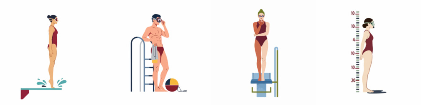 Collection of flat vector illustrations of male and female swimmers and divers in various athletic poses and pool equipment on a white background.