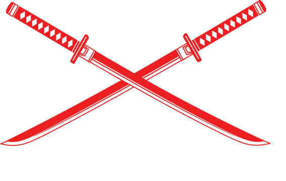 Two crossed red samurai katana swords vector graphic logo icon design, isolated on white background emblem