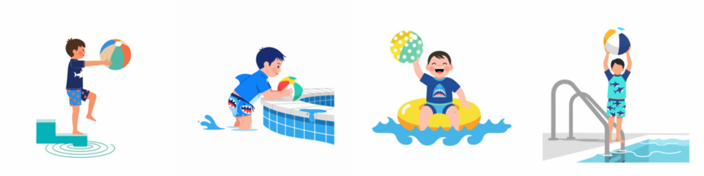 Collection of flat vector illustrations featuring young boys playing with beach balls and inner tubes at the swimming pool during summer vacation.