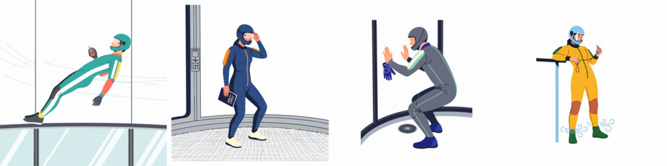 Flat vector illustrations showing diverse people practicing indoor skydiving in a vertical wind tunnel, including instructors, trainees, and professional flyers in flight suits. © Abu