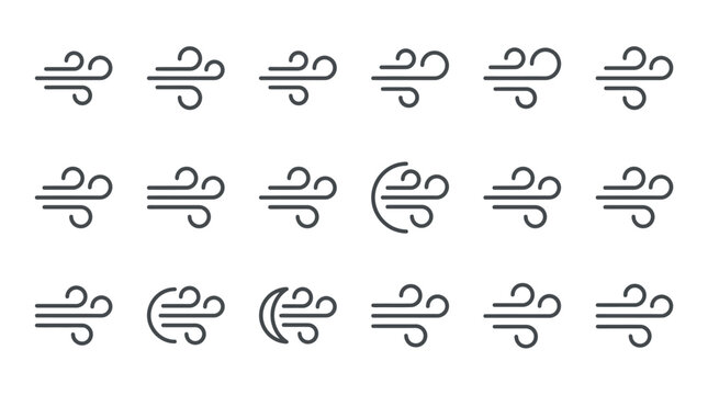 Simple wind gust and breeze line icons.