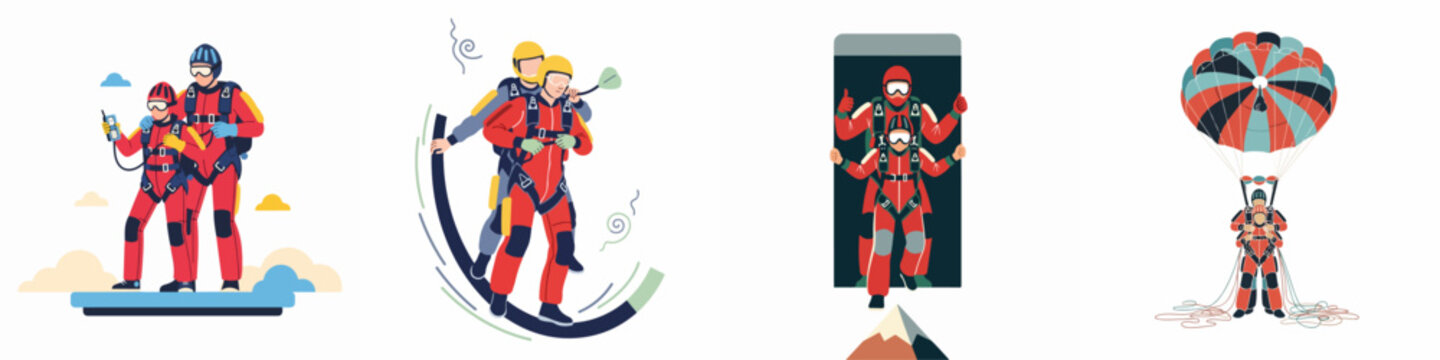 Vector Illustration Set Depicting the Various Stages of a Tandem Skydiving Experience, Including Wind Tunnel Training, Jumping, and Parachute Landing.