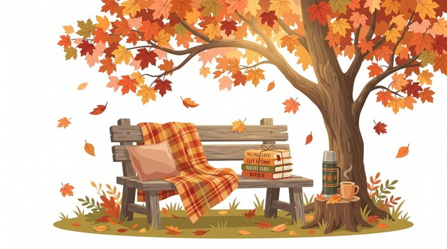 Cozy Autumn Reading Scene with Wooden Bench Plaid Blanket Labeled Books and Hot Coffee on Tree Stump Under Maple