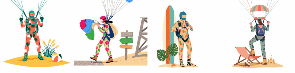 Collection of flat vector illustrations depicting skydivers in tropical floral jumpsuits enjoying activities at a beach during their summer vacation. © Abu