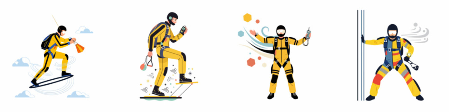 Set of flat vector illustrations featuring skydivers and skysurfers in yellow suits performing extreme air sports and stunts with specialized equipment.